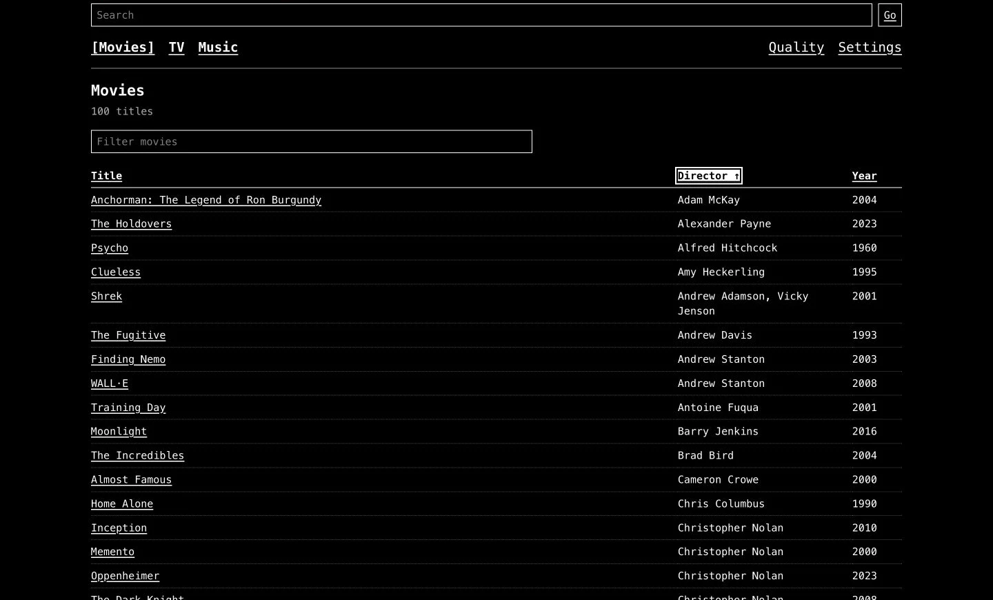 Pixel Brite Text UI movie table sorted by director on a desktop display