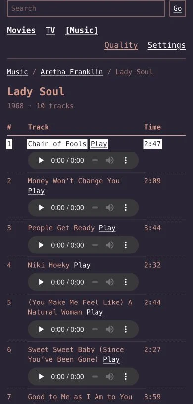 Lady Soul by Aretha Franklin in Pixel Brite Text UI on a phone-sized display