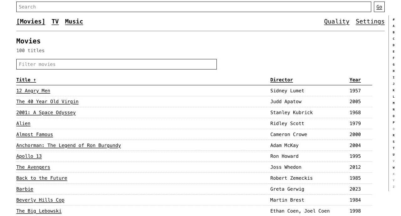 Pixel Brite Text UI movies list shown in matching light and dark themes with sortable Title, Director, and Year columns