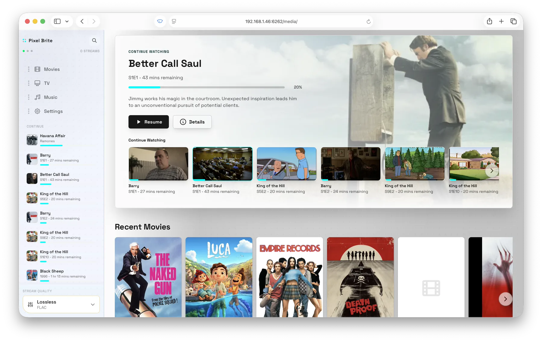 Pixel Brite home library with Continue Watching and recently added media