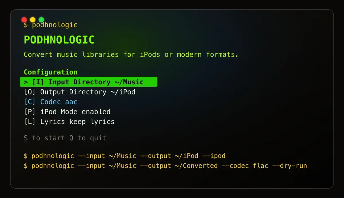 podhnologic terminal showing input, output, codec, and iPod mode settings