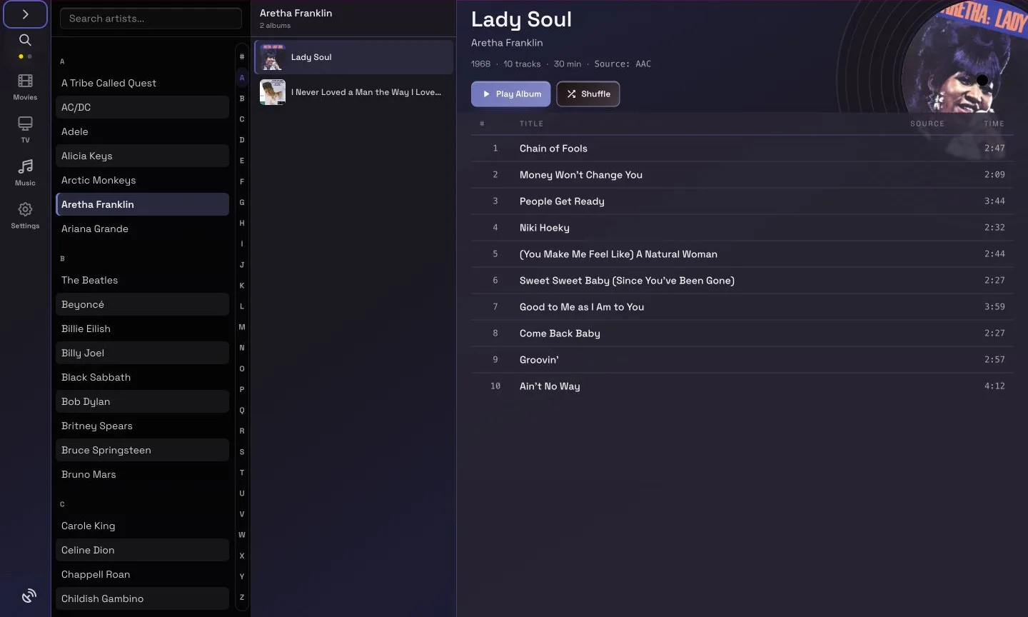 Lady Soul by Aretha Franklin in Pixel Brite's music library with artwork, album list, and track controls