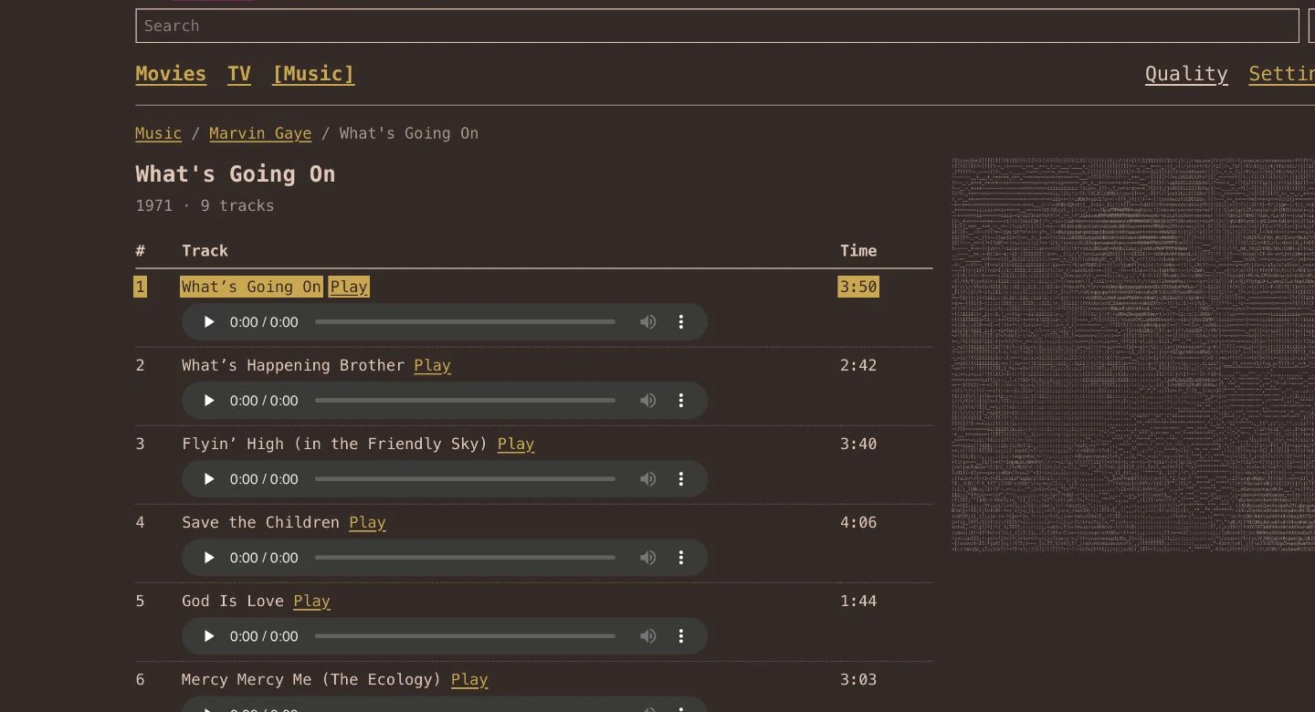 What's Going On by Marvin Gaye shown with a warm artwork-derived palette and ASCII album cover