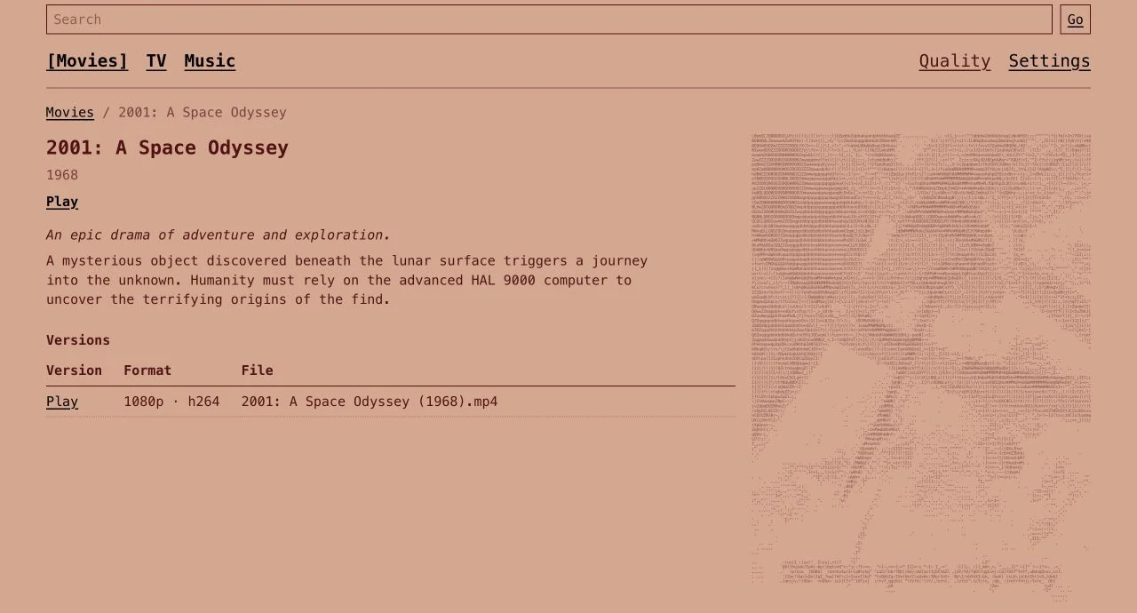 2001: A Space Odyssey in Pixel Brite Text UI with a peach artwork-derived palette and ASCII poster